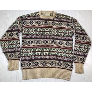 Vintage Lord Jeff Sweater L Fair Isle Cotton Jute Blend Crewneck Made In USA 80s
